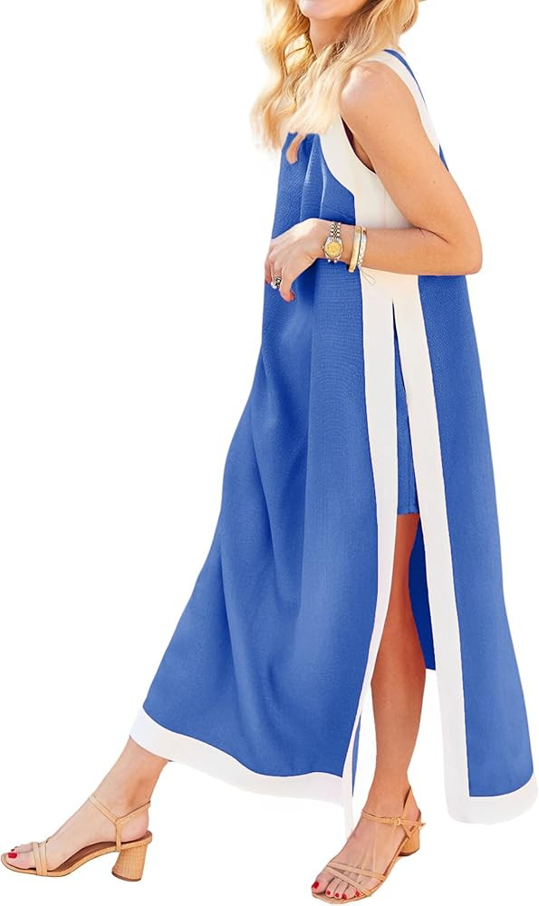 Hooever Women's 2 Piece Sets Boho Color Block Sleeveless Maxi Dress Matching Shorts with Pockets | Amazon (US)