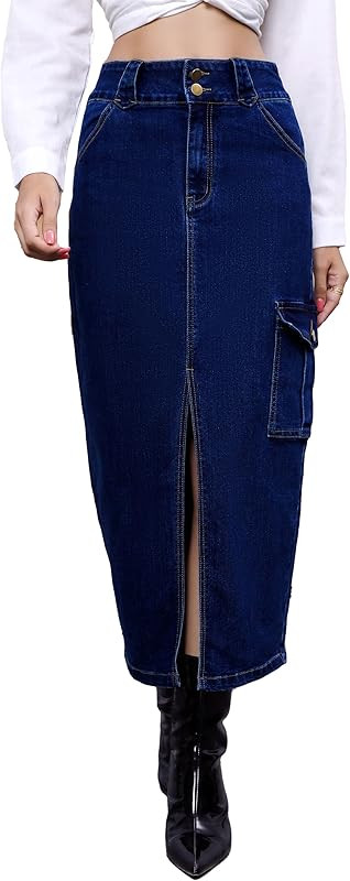 ETTELO Midi Women Denim Skirt High Waisted Slit Cotton Casual Stretch Long Jean Skirt for Women | Amazon (US)