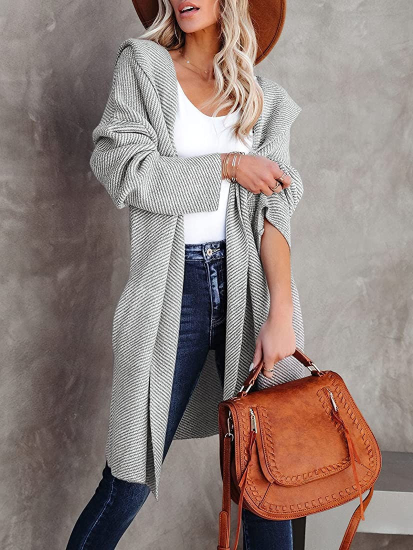 ANRABESS Women‘s Casual Long Sleeve Open Front Hooded Cardigan Sweater Oversized Striped Knitte... | Amazon (US)
