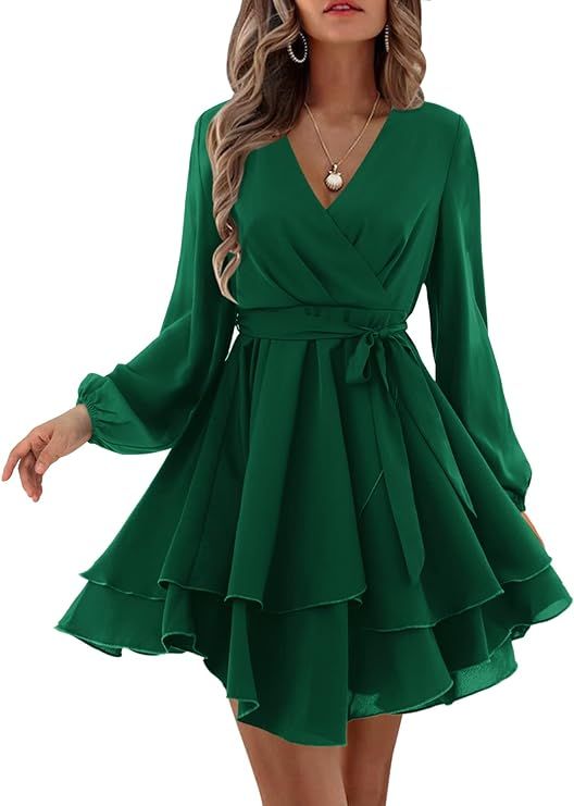 Amoretu Women's 2023 Summer Wrap Dress Short/Long Sleeve Casual V-Neck Ruffle Mini Dresses | Amazon (US)