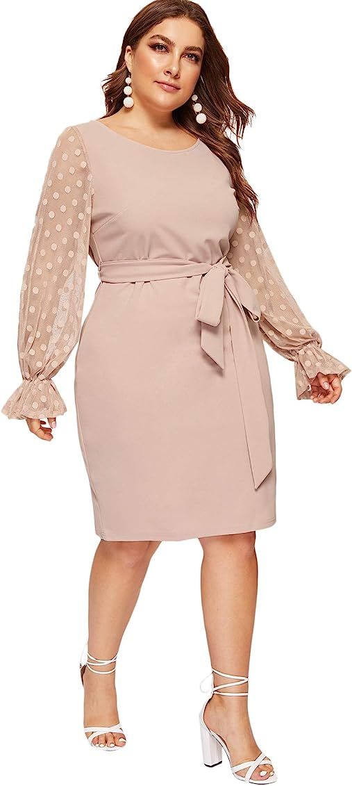 SheIn Women's Plus Elegant Mesh Contrast Appliques Sleeve Stretchy Bodycon Pencil Dress | Amazon (US)