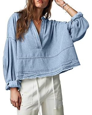 PLNOTME Womens Denim Tops Pullover Trendy Casual V Neck Loose Fit Puff Sleeve Jean Cotton Shirts | Amazon (US)