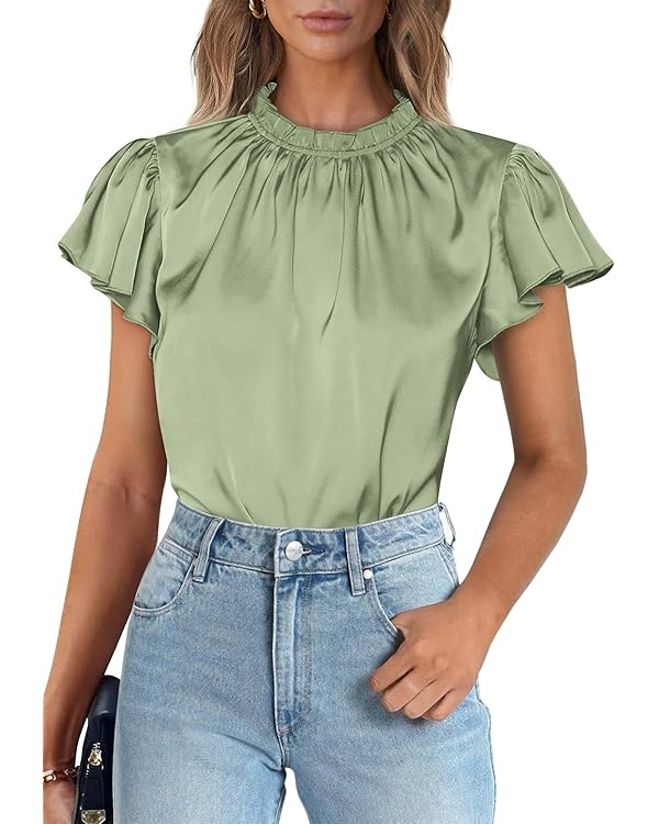 PRETTYGARDEN Business Casual Tops for Women Blouses Dressy 2025 Summer Short Sleeve Ruffle Satin ... | Amazon (US)