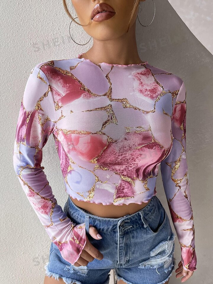 SHEIN EZwear Lettuce Trim Marble Print Mesh Top | SHEIN