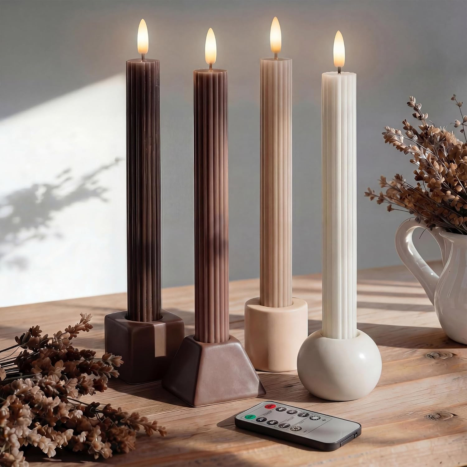 Mocha Brown Coordinated Chocolatey 4 Pack, 10" Real Wax LED Flameless Fluted Ribbed Grooved Taper Candles, Remote & Timer Memory, On/Off Button, Dimmable, Battery Operated, Menorah Wedding | Amazon (US)