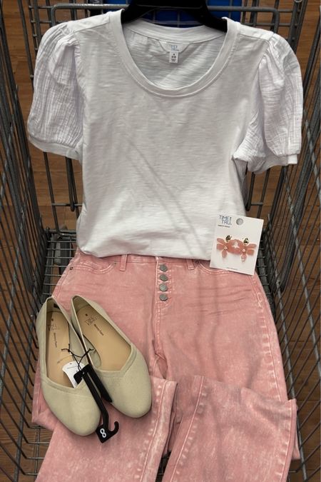 Walmart spring outfit idea with pink jeans and puff sleeve top, Rothy’s look for less knit flats are comfy and fit tts. I got a size small top and size 6 jeans. Earrings are lightweight! 

#LTKfindsunder50 #LTKstyletip #LTKfindsunder100