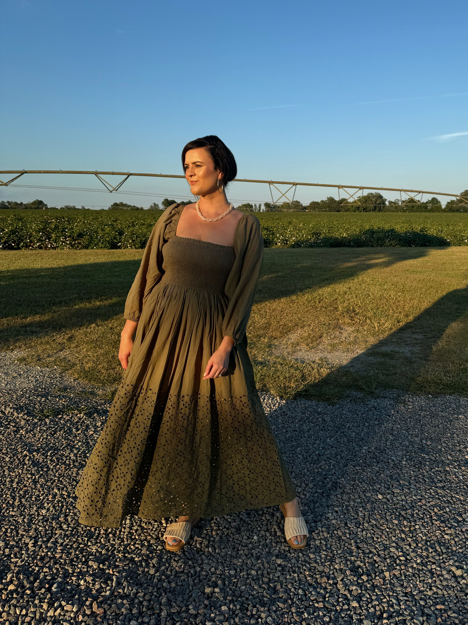 Can't help falling in love with the golden hour.  Fall style. Olive green. Dress is a 
Medium from teddy rose boutique. 

#LTKMidsize #LTKFallSale #LTKWorkwear