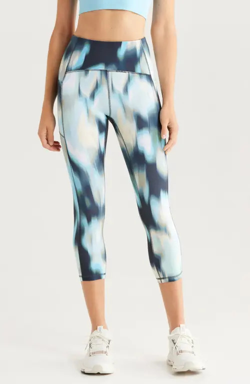 Zella Studio Luxe Print High Waist Pocket Crop Leggings in Teal Diffused Petals at Nordstrom, Size X-Large | Nordstrom