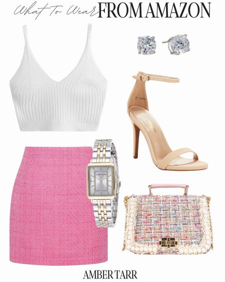 Hot pink and white feminine and chic outfit. Hot pink tweed skirt, nude strappy heels, pink tweed handbag and silver and gold accessories. Summer time and spring date night or going out outfit. 

#LTKfindsunder100 #LTKitbag #LTKfindsunder50