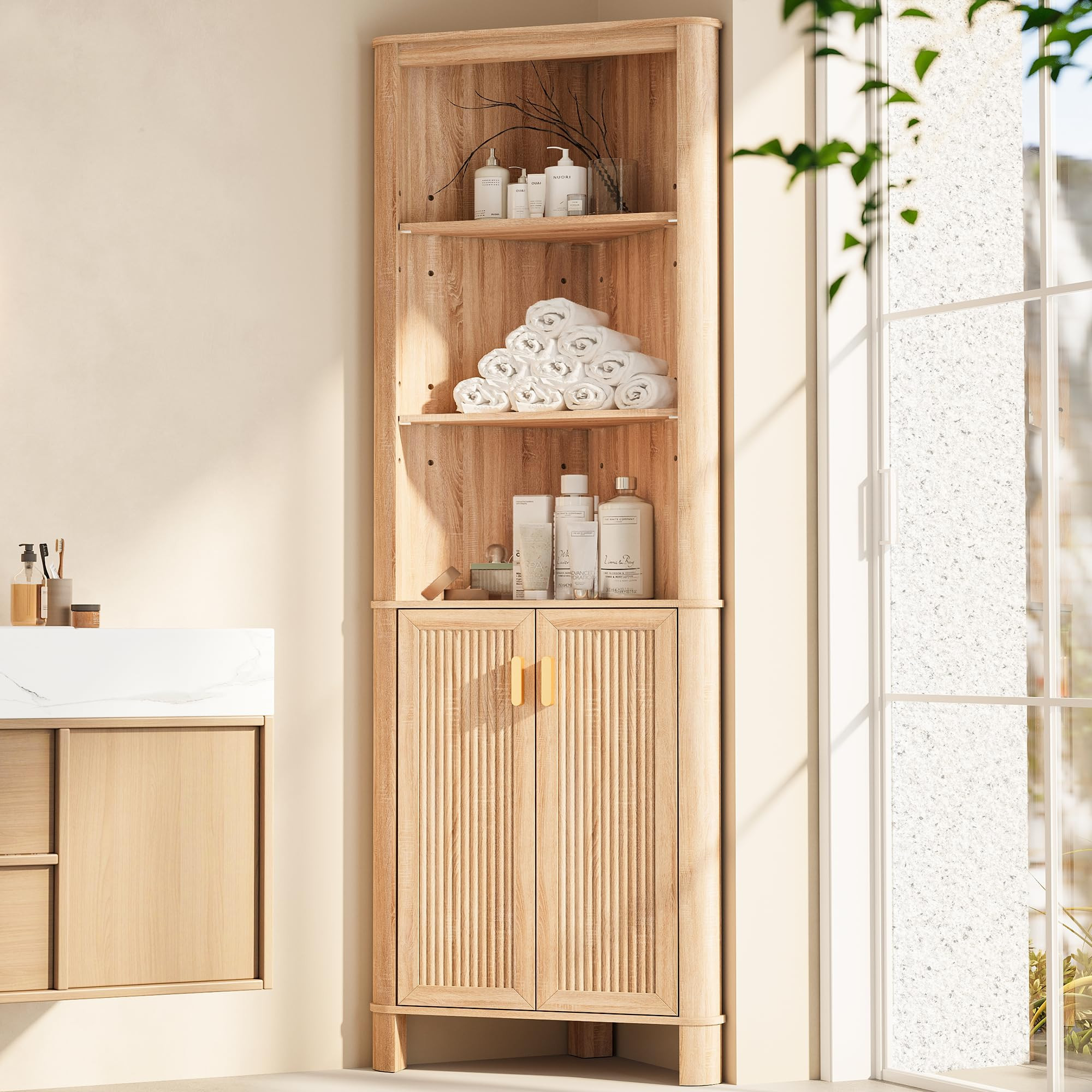 69" Tall Corner Shelf with Doors, 6-Tier Corner Storage Cabinet with Doors, Space Saver Shelf for... | Amazon (US)