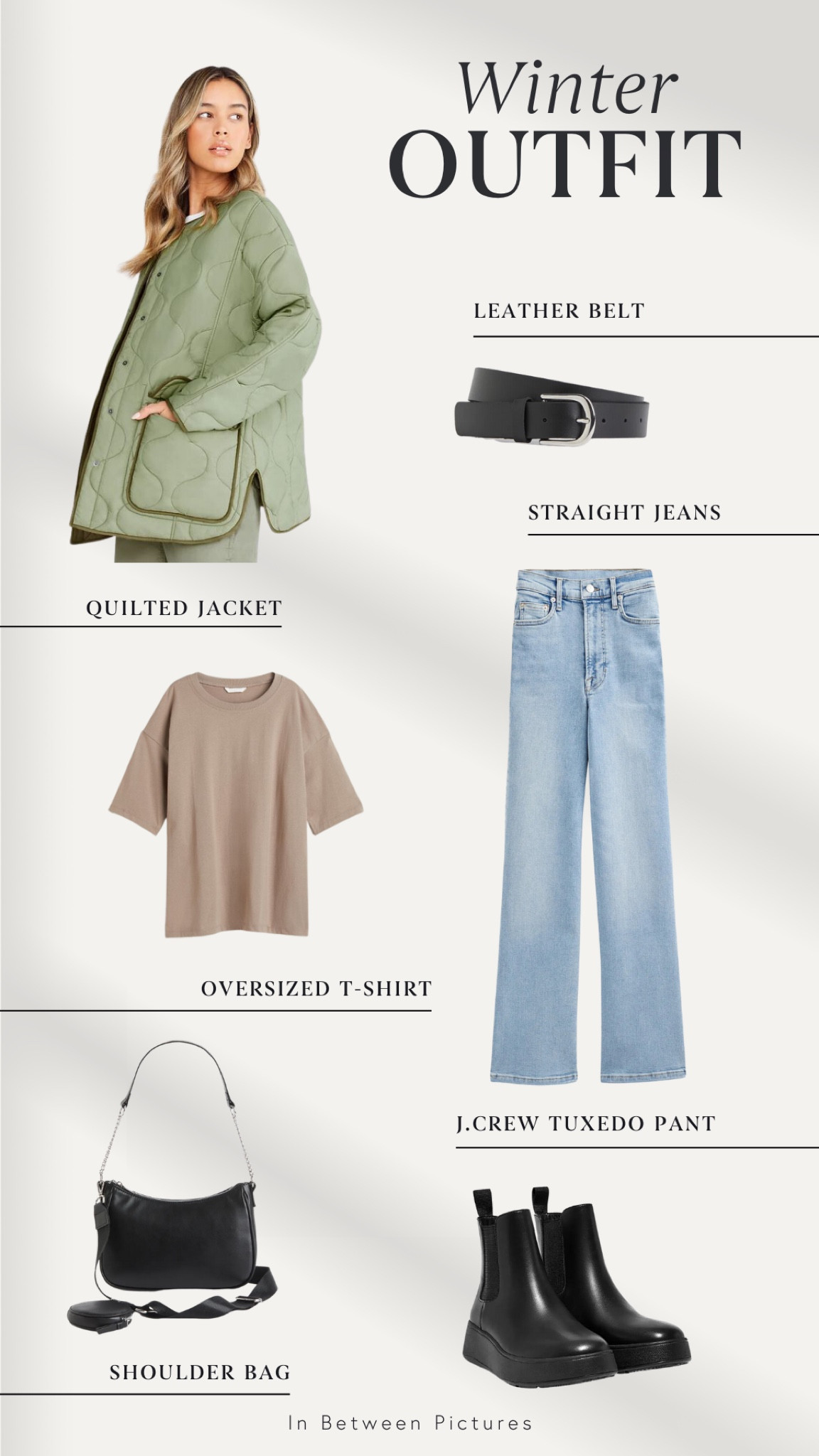 Fashion, Women's clothing, Outfit inspiration, Style, Wardrobe, Essential winter outfit, winter outfit, winter style, winter fashion, winter trends,, Winter ensemble, Winter essentials, oversized white T-shirt, layering basics, light olive quilted jacket, reversible outerwear, army green jacket, versatile winter gear, high-rise straight jeans, classic white denim, wardrobe staple, adjustable leather belt, essential accessory, black leather belt, Chelsea boots, platform footwear, trendy ankle boots, black leather boots, shoulder bag, compact pouch, carry essentials, urban chic, winter street style, fashion-forward, contemporary design, relaxed yet polished, cold-weather comfort, city stroll outfit, sophisticated layering, transitional pieces, daytime errands, winter brunch outfit, cool-toned winter palette.

#LTKbeauty #LTKstyletip #LTKSeasonal