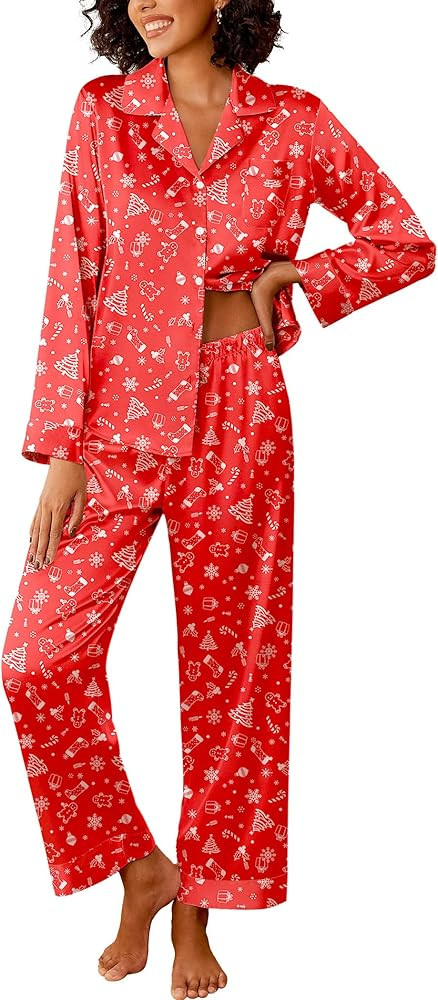 Ekouaer Womens Silk Satin Pajama Sets 2 Piece Sleepwear Pjs Set Long Sleeve Button Down Top and P... | Amazon (US)