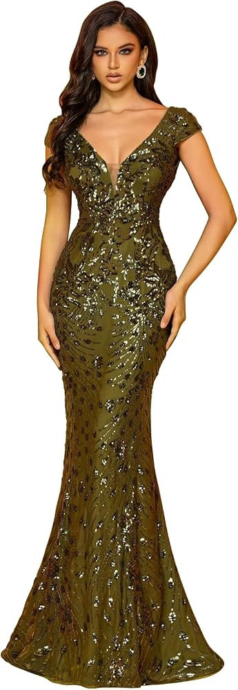Womens Sequined Long Evening Gown Glamous Sleeveless V-Neck Mermaid Prom Dress for Wedding Party ... | Amazon (US)