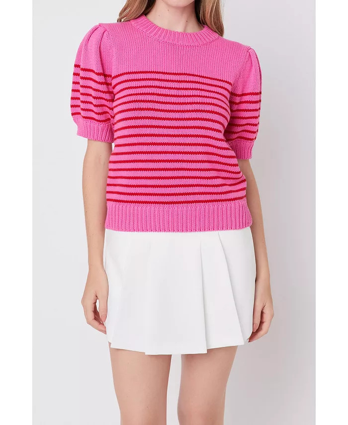 Women's Stripe Short Puff Sleeve Sweater | Macy's