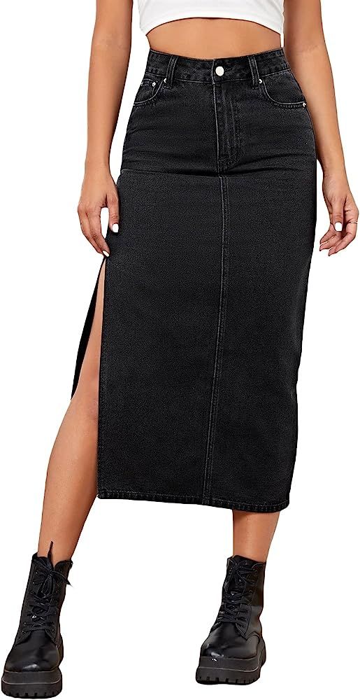 Women's Casual High Waisted Denim Skirt Split Thigh Midi Jean Skirts with Pocket | Amazon (US)