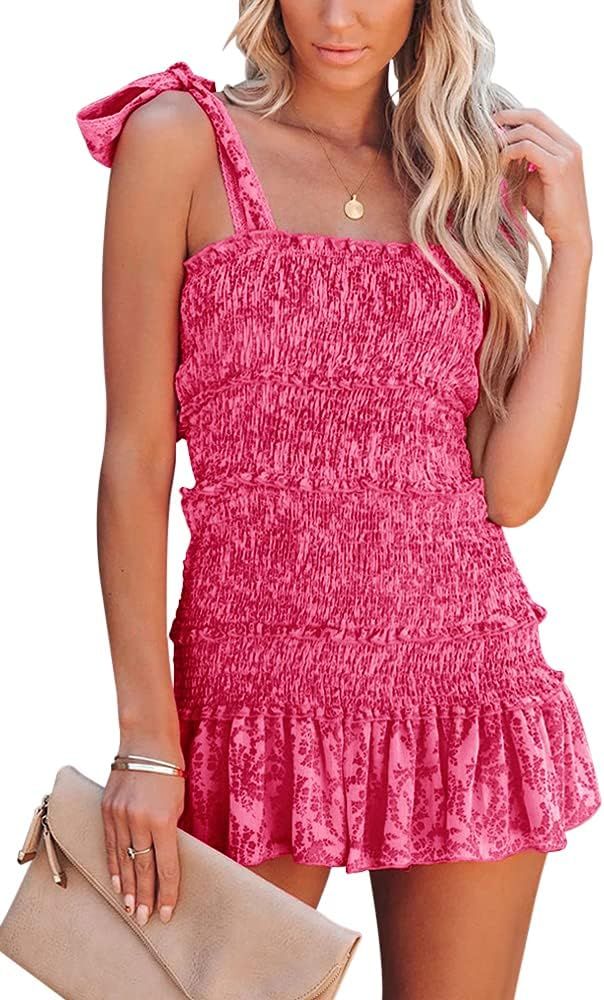 Fazortev Womens Summer Ruffle Smocked Mini Dress Sleeveless Floral Print Tiered Tie Slim Fit Shor... | Amazon (US)