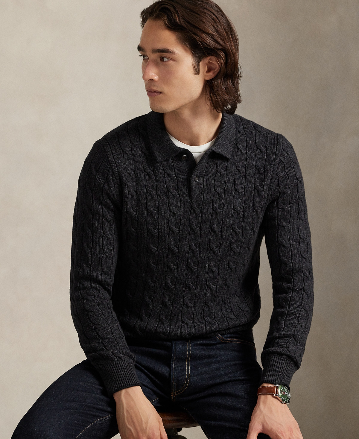 Polo Ralph Lauren Men's Cable-Knit Cotton Polo Collar Sweater - Dark Granite Heather | Macy's