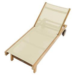 Surya White Polyester Sling Natural Teak Wood Reclining Outdoor Lounge Chair | Kathy Kuo Home