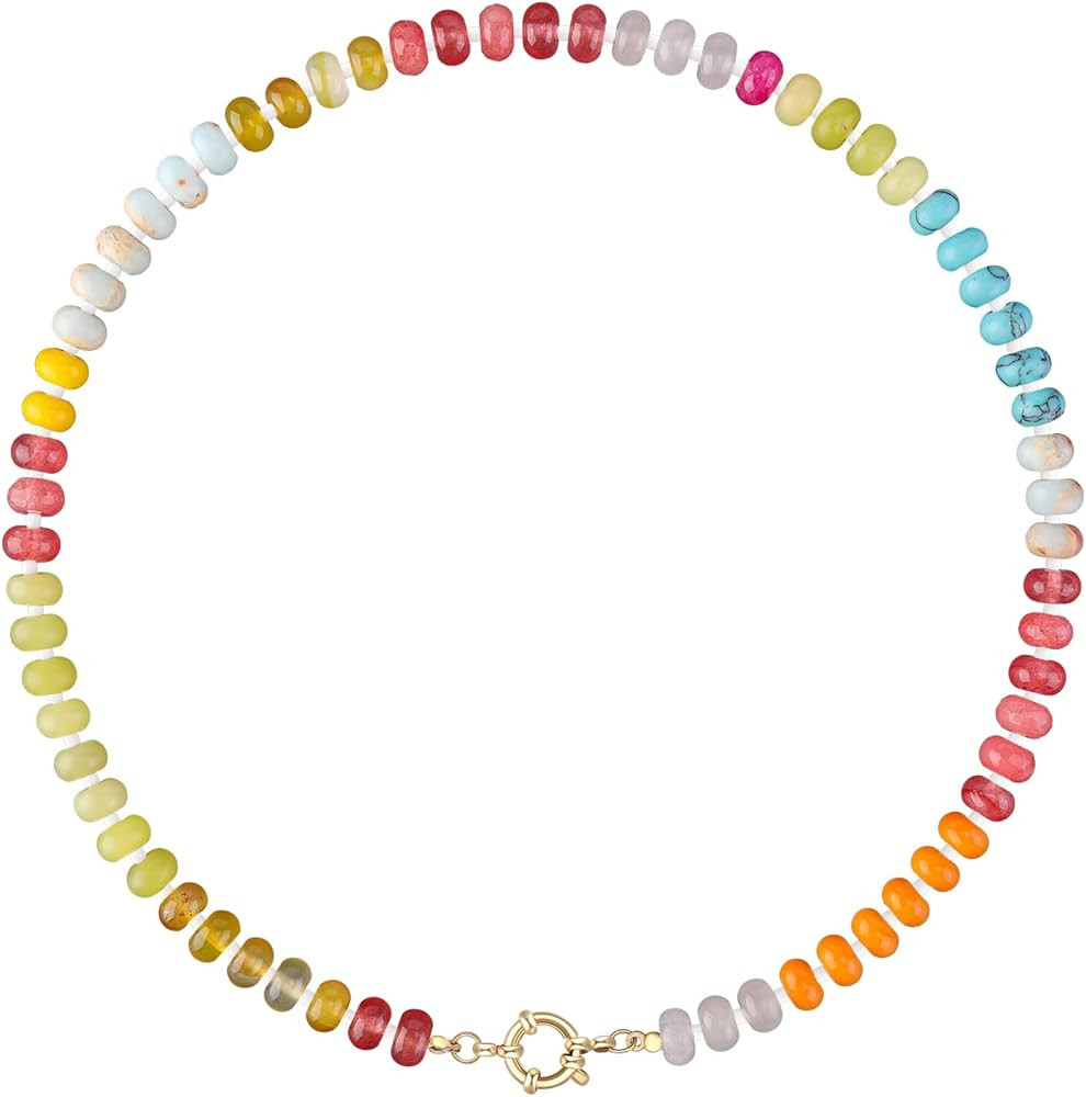 LALAPPLE Colorful Beaded Gemstone Necklace for Women, Boho Rainbow Bead Choker with Natural Stone... | Amazon (US)