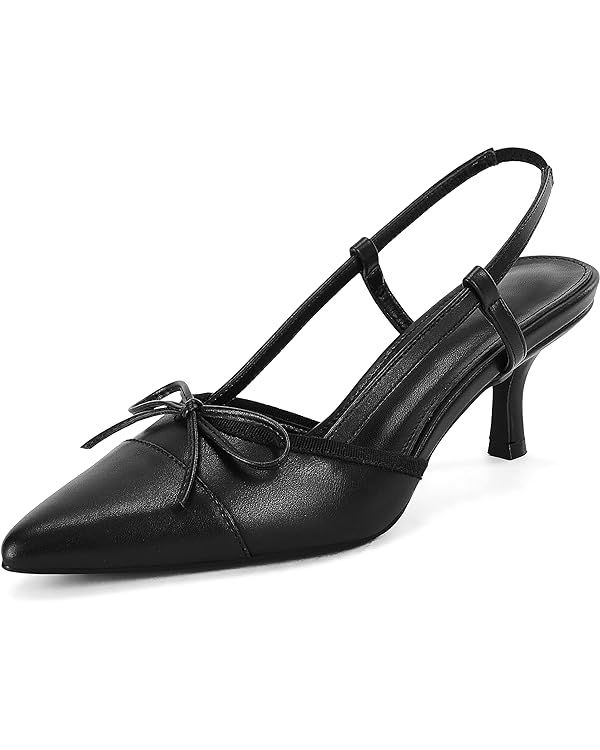 Coutgo Women's Bow Tie Slingback Pumps Pointed Toe Kitten Low Heel Patchwork Dress Heeled Sandals | Amazon (US)