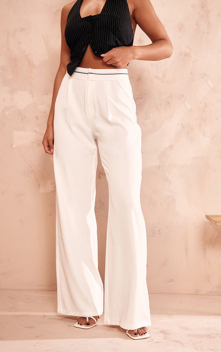 White Fold Over Waistband Tailored Trousers | PrettyLittleThing UK
