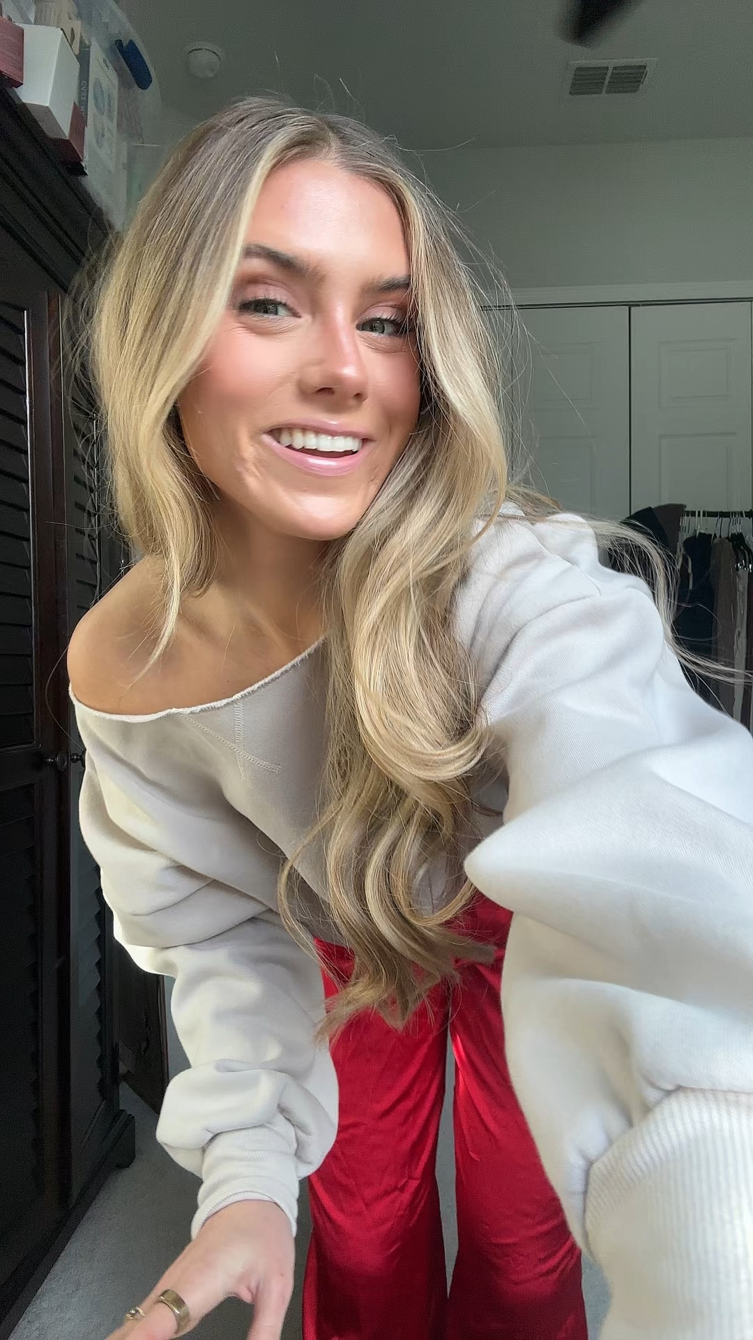 I am wearing the Target Women's Mid-Rise Straight Leg Satin Pull-On Pants - A New Day™ size XS in red with the Target Blogilates Women's Dance Studio Off the Shoulder Sweatshirt in size XS  

#LTKWatchNow #LTKStyleTip #LTKFindsUnder50