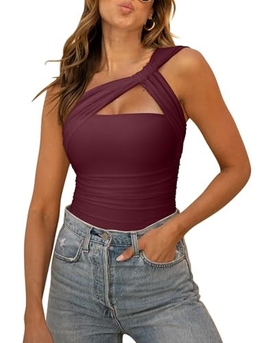 REORIA Womens Sexy One Shoulder Asymmetrical Tank Top Leopard Print Mesh Ruched Sleeveless Backless Trendy Going Out Thong Bodysuits Tops Burgundy Medium | Amazon (US)