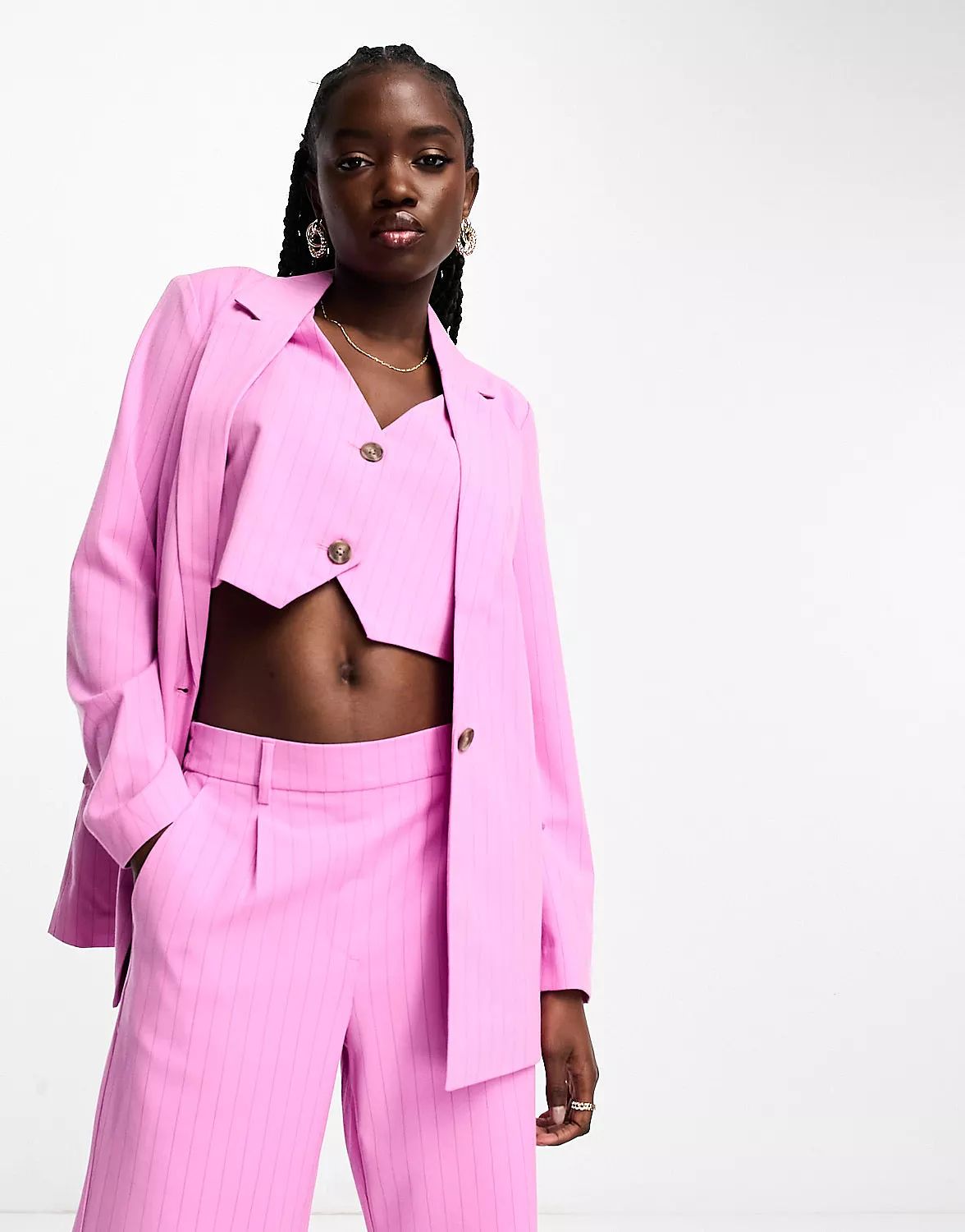 Vero Moda tailored pinstripe blazer, shorts and vest set in pink | ASOS (Global)