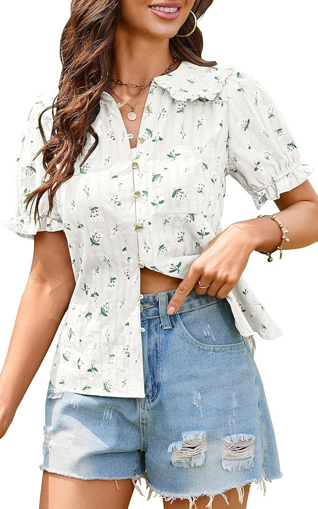 ECOWISH Women's Button Up Shirt - Peter Pan Collar Frilled Short Sleeve Summer Tops Casual Cotton... | Amazon (US)
