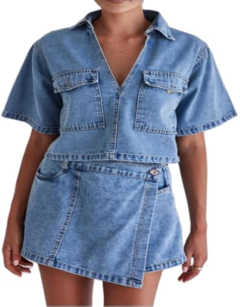 Owl's-Yard Women\u2019s 2 Piece Denim Outfits y2k Short Sleeve Lapel Jean Tops+Asymmetrical Short... | Amazon (US)
