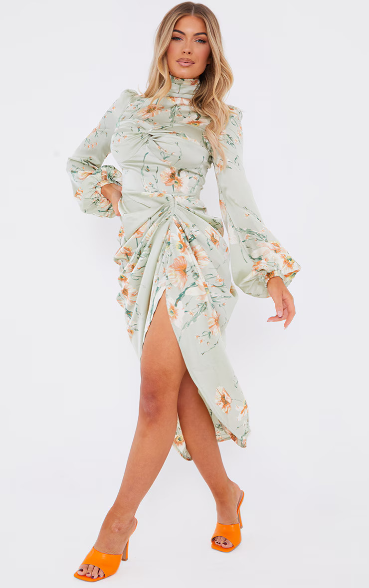 Sage Green Floral Twist Bust Draped Midi Dress | PrettyLittleThing US