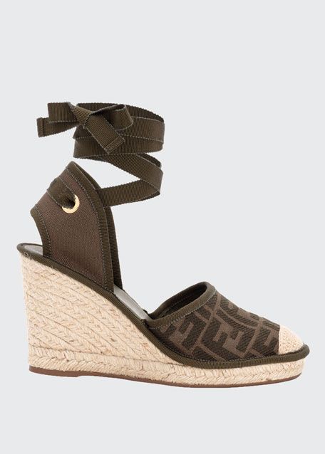 Fendi FF Logo Ankle-Wrap Wedge Espadrilles | Bergdorf Goodman