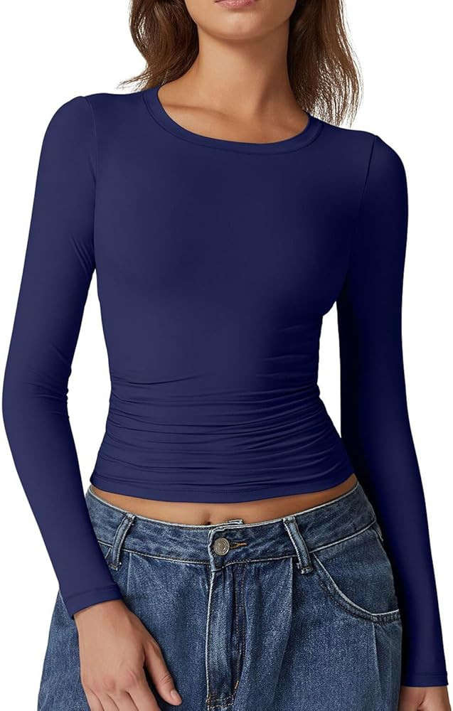 QINSEN Womens Crewneck Long Sleeve Shirt Double Lined Basic Tees Side Ruched Going Out Crop Tops | Amazon (US)