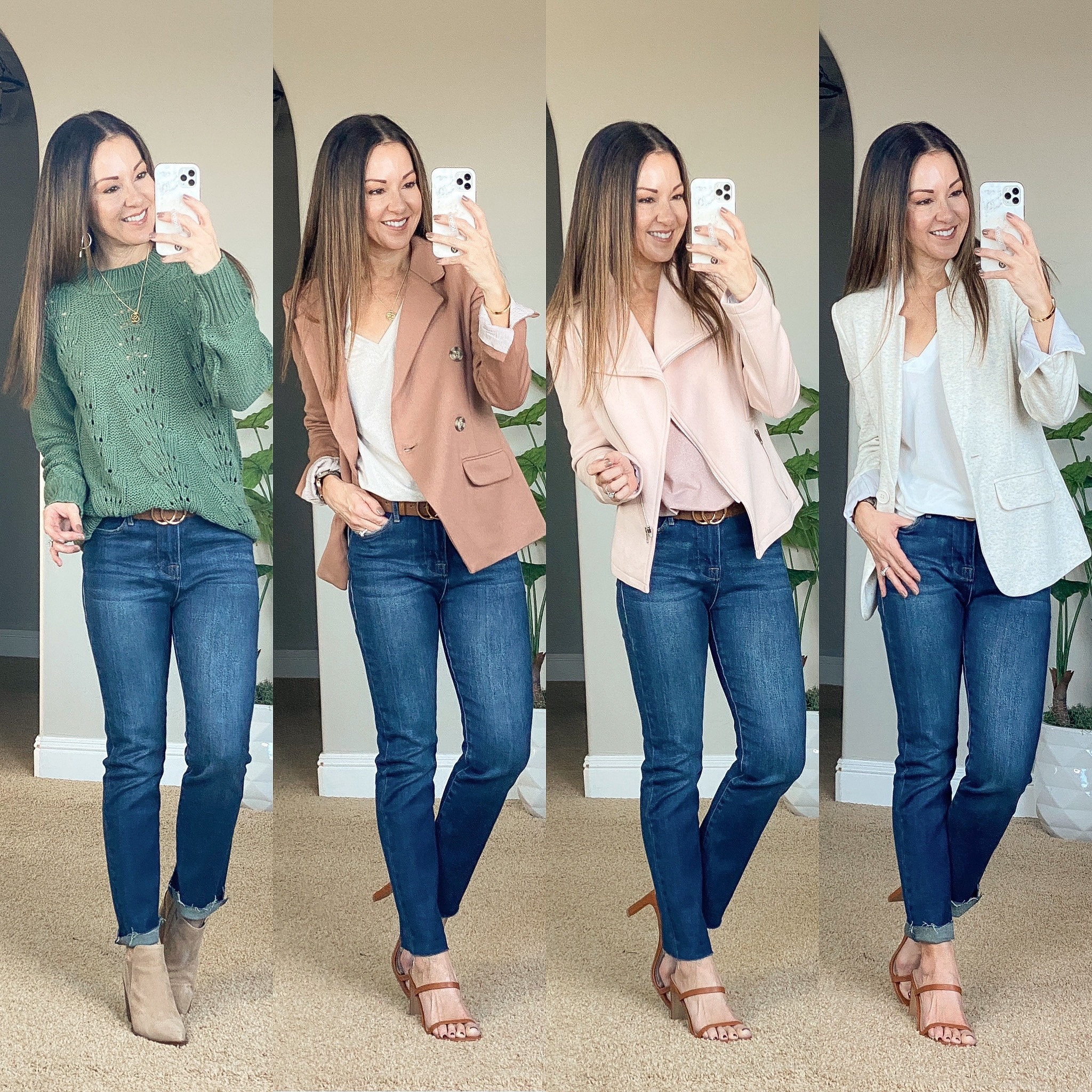 Blazer sale! Save 20% one day only code HOLLY20! After that, and for everything else Use code HOLLY10 for 10% off.  
These gorgeous and comfortable stretch knit blazers & Moto jacket come in several colors xxs-2xl.  These essential v-neck tees are perfect for dressing up or down.  

For reference: I’m 5’1”, 109lbs
Sweater xxs
Double Breasted Blazer xxs
Stretch knit moto jacket xxs
Notch Collar Blazer XS
Essentail v-neck tee’s xxs
Mini-Flare Leg Denim with Raw Hem 24
Heels tts
Booties tts