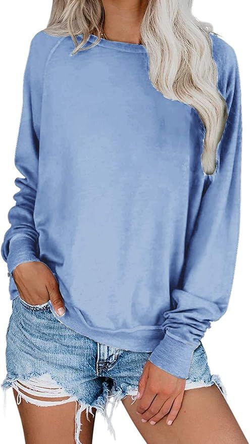 Yanekop Womens Solid Loose Crewneck Sweatshirt Casual Long Sleeve Pullover Tops Shirt | Amazon (US)