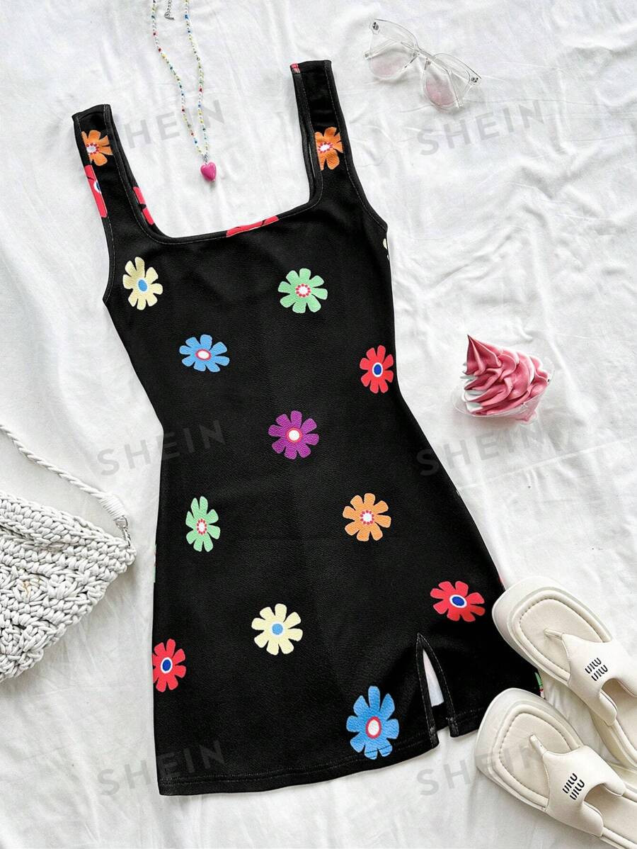 SHEIN WYWH Women's Black Colorful Floral Romantic Casual Holiday Backless Dress, Dress | SHEIN