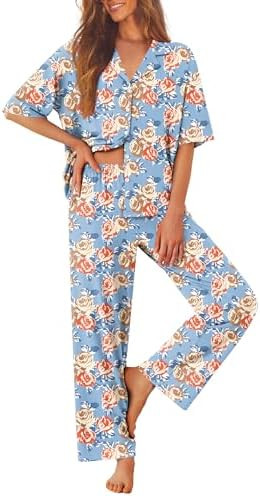 Ekouaer Women Pajamas Set Button Down Sleepwear Short Sleeve Pjs Soft Comfy Nightwear with Long P... | Amazon (US)