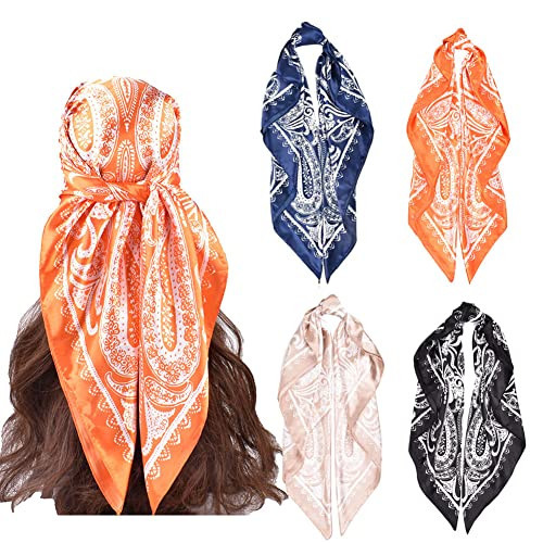 upeilxd 4Pcs Silk Head Scarves for Women Satin Hair Scarf 35”Large Square Bandana Silk Like Neck Scarf Shawl (Orange/Navy/Black/Coffee) | Amazon (US)