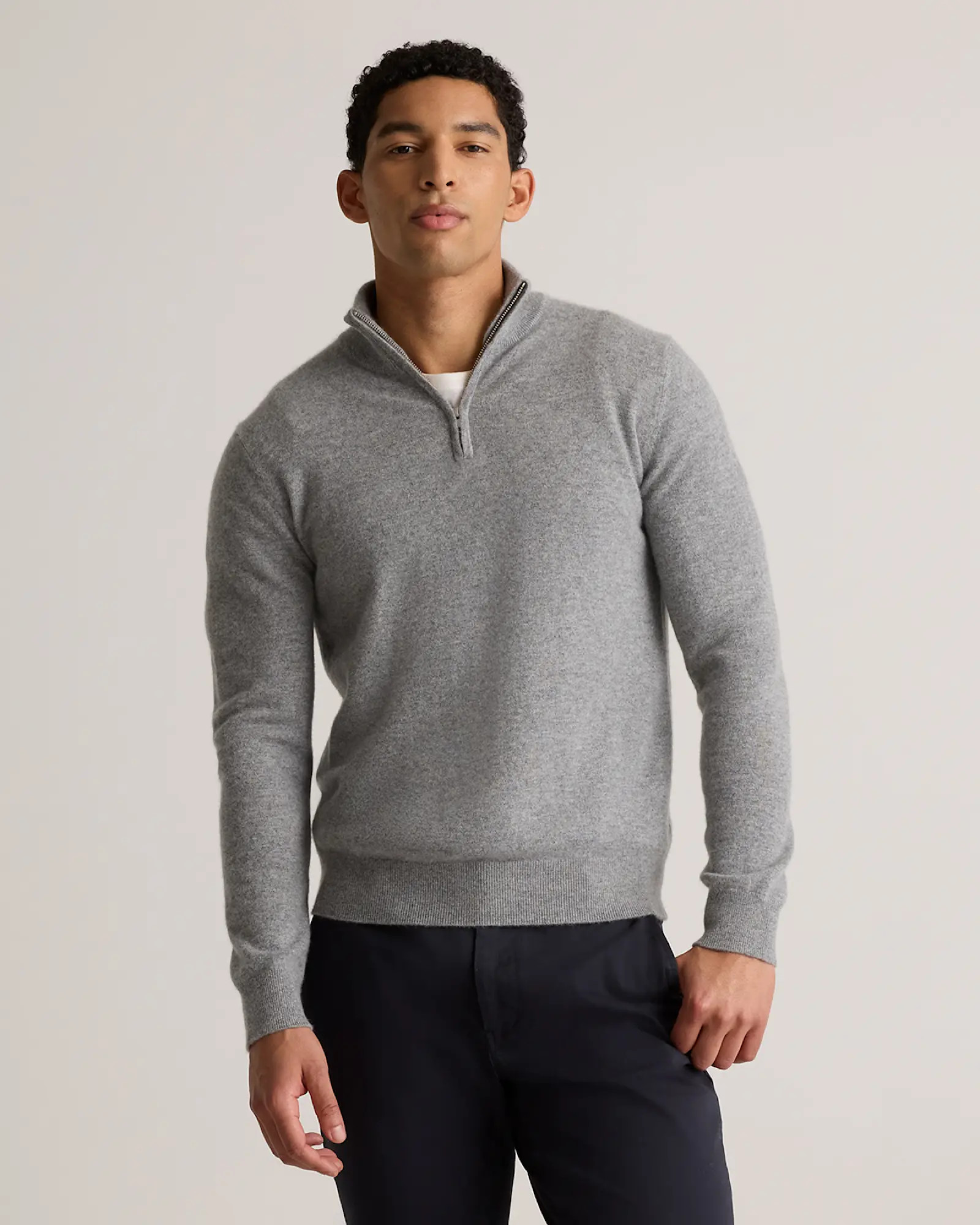 Mongolian Cashmere Quarter Zip Sweater in Heather Grey | Quince