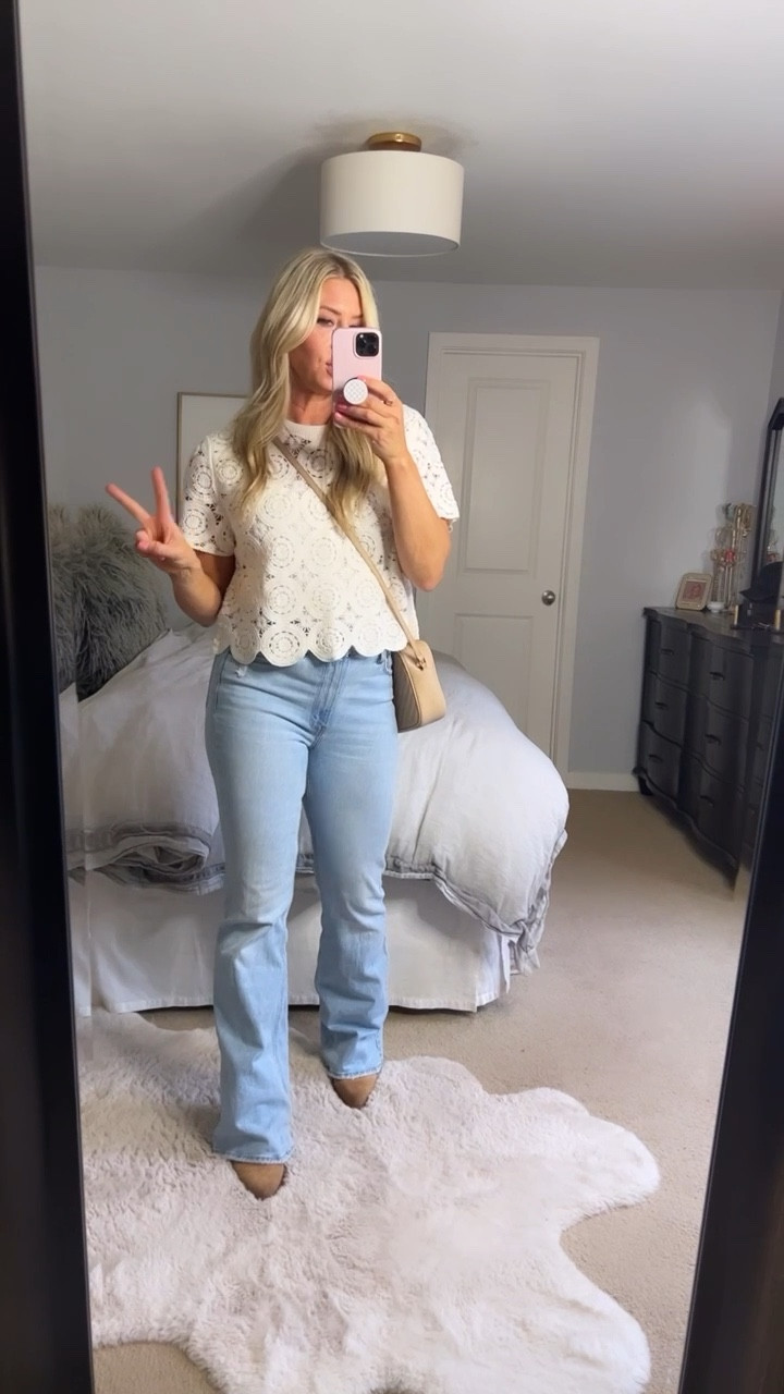 Abercrombie faves right here 
The crochet top is crazy comfy and soft (I sized up to a large)
The vintage flare jeans have been my most worn all year Tts and I got long to wear with heels and wedges 
LTK20 to save 
Booties are so cute too 

#LTKmidsize #LTKVideo #LTKSale