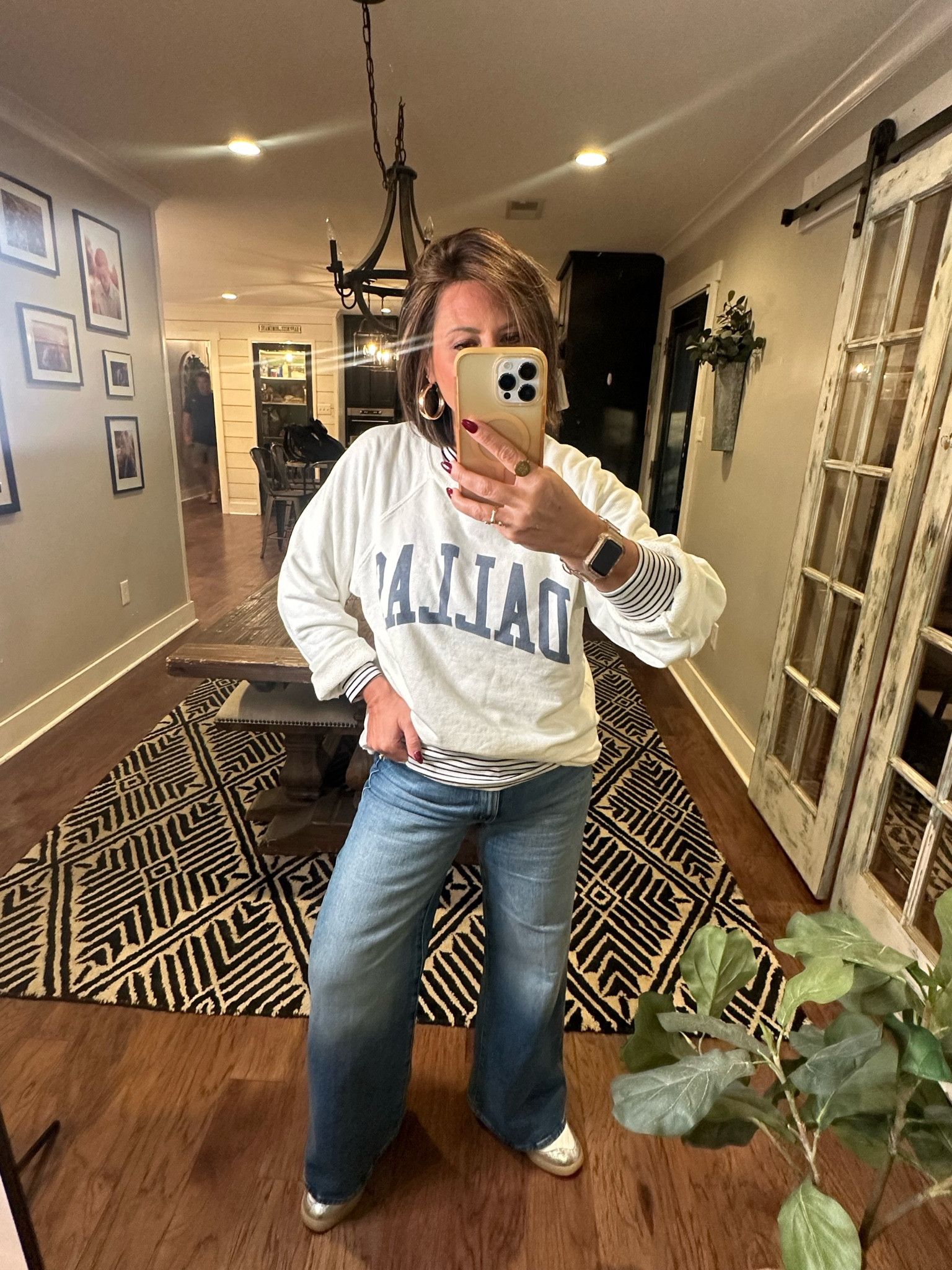 Comfy cozy but cute style for these chilly mornings! 
I’m an 5.3 138lbs
I’m wearing a small in the sweatshirt ♥️
Striped Under shirt is a Medium 
Jeans are a size 28 

#LTKOver40 #LTKStyleTip