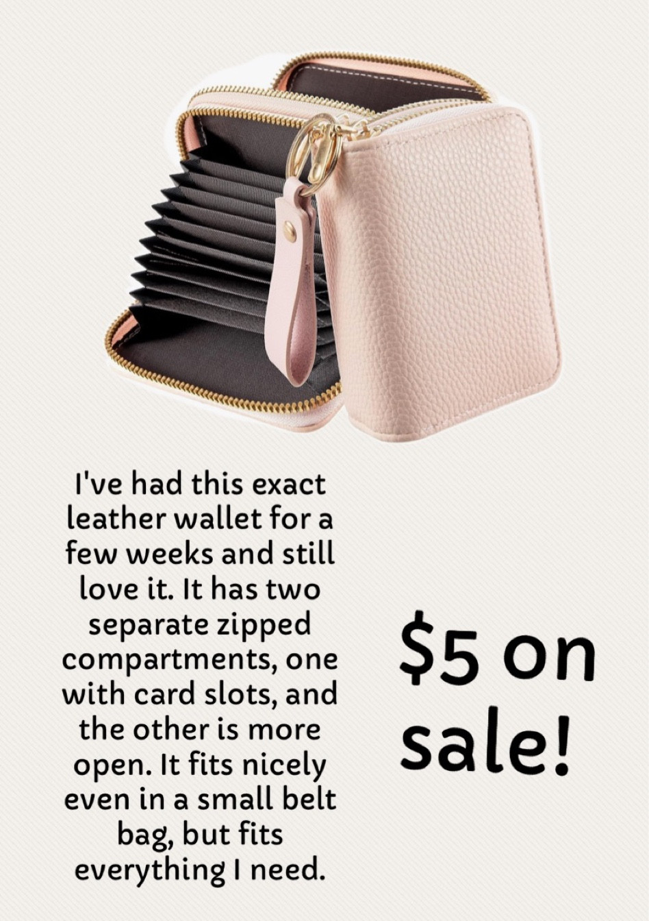 Small leather wallet 
Two zippered compartments
$5 on sale
I have and love
Fits nicely even in small belt bags
Stocking stuffer
Gifts for her 
Put - gift card in it as a gift 

#LTKtravel #LTKitbag #LTKGiftGuide