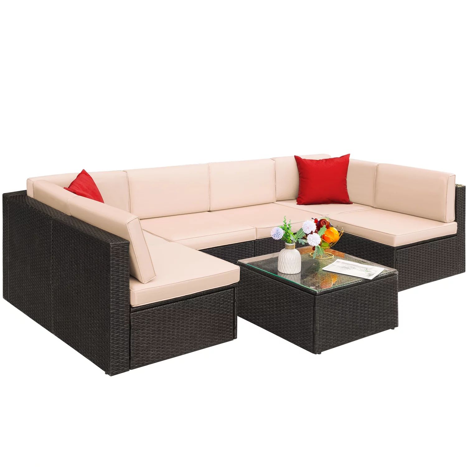 LACOO 7 Pieces Patio Conversation Set Outdoor Sectional Sofa Set PE Rattan, Beige | Walmart (US)