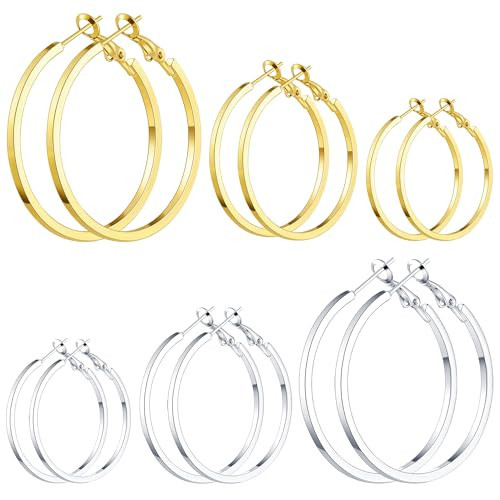 6 Pairs Gold Silver Plated Hoop Earrings for Women Hypoallergenic Stainless Steel Gold Hoops Earrings Lightweight Large Small Hoop Earrings Set | Amazon (US)
