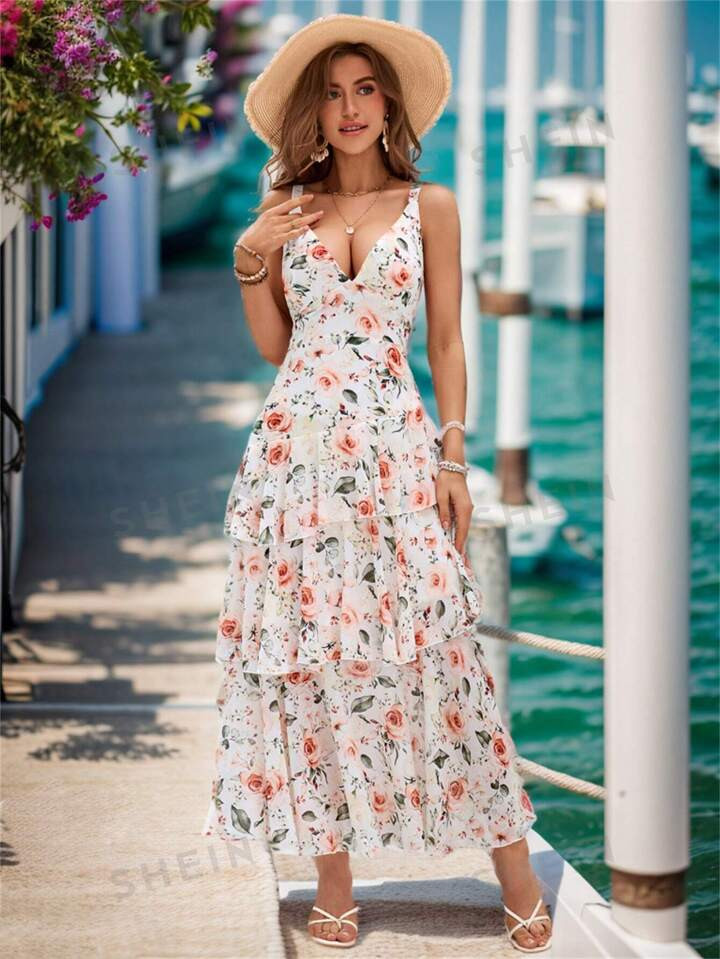 SHEIN VCAY Flower Printed Holiday Style Women's Backless Spaghetti Strap Dress | SHEIN