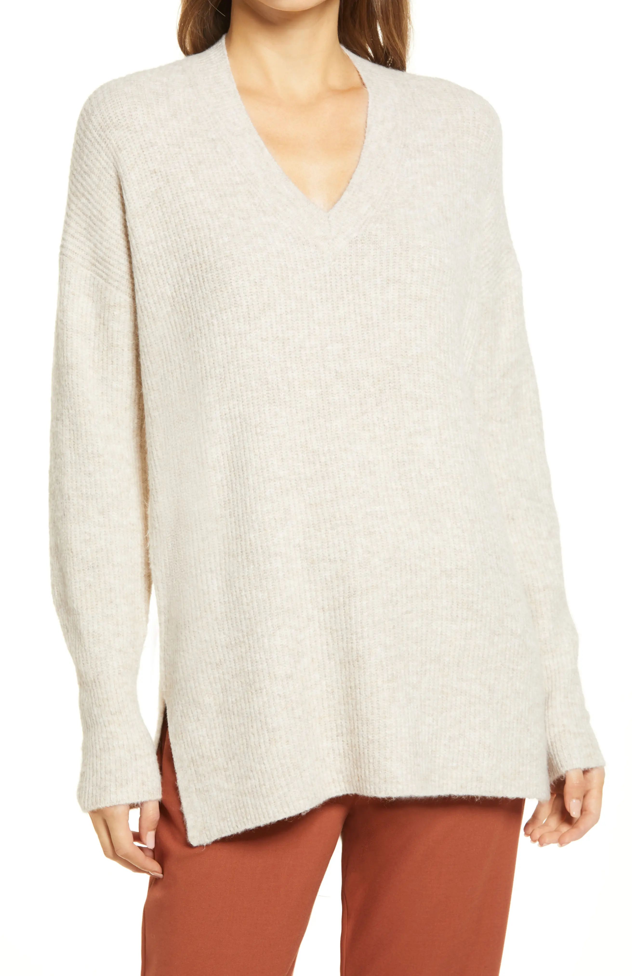 Women's Halogen V-Neck Tunic Sweater, Size XX-Large - Beige | Nordstrom