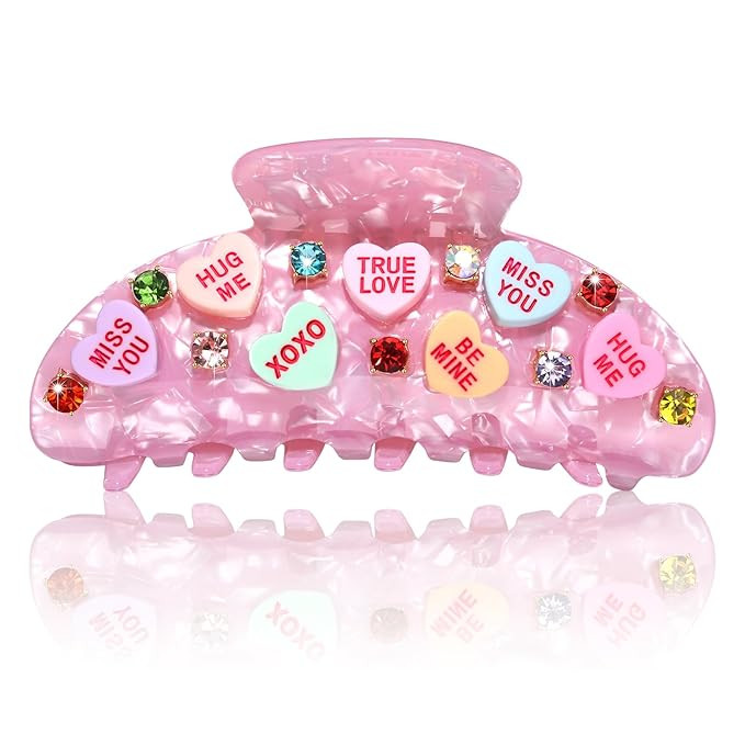 BVGA Valentines Hair Claw Clip for Women Large Oval Light Pink Embellished Crystal Candy Heart Ac... | Amazon (US)