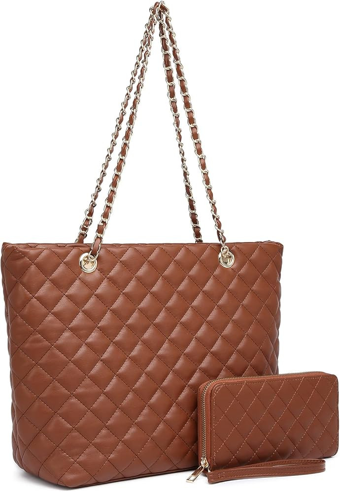 XB Tote Purse and Handbags Set for Women Leather Quilted Shoulder Bag Wristlet Wallet Zipper 2pcs... | Amazon (US)