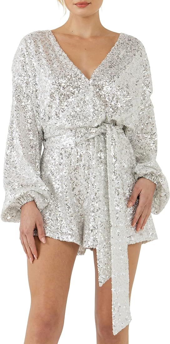 Sequins Wrapped Romper with Belt | Amazon (US)