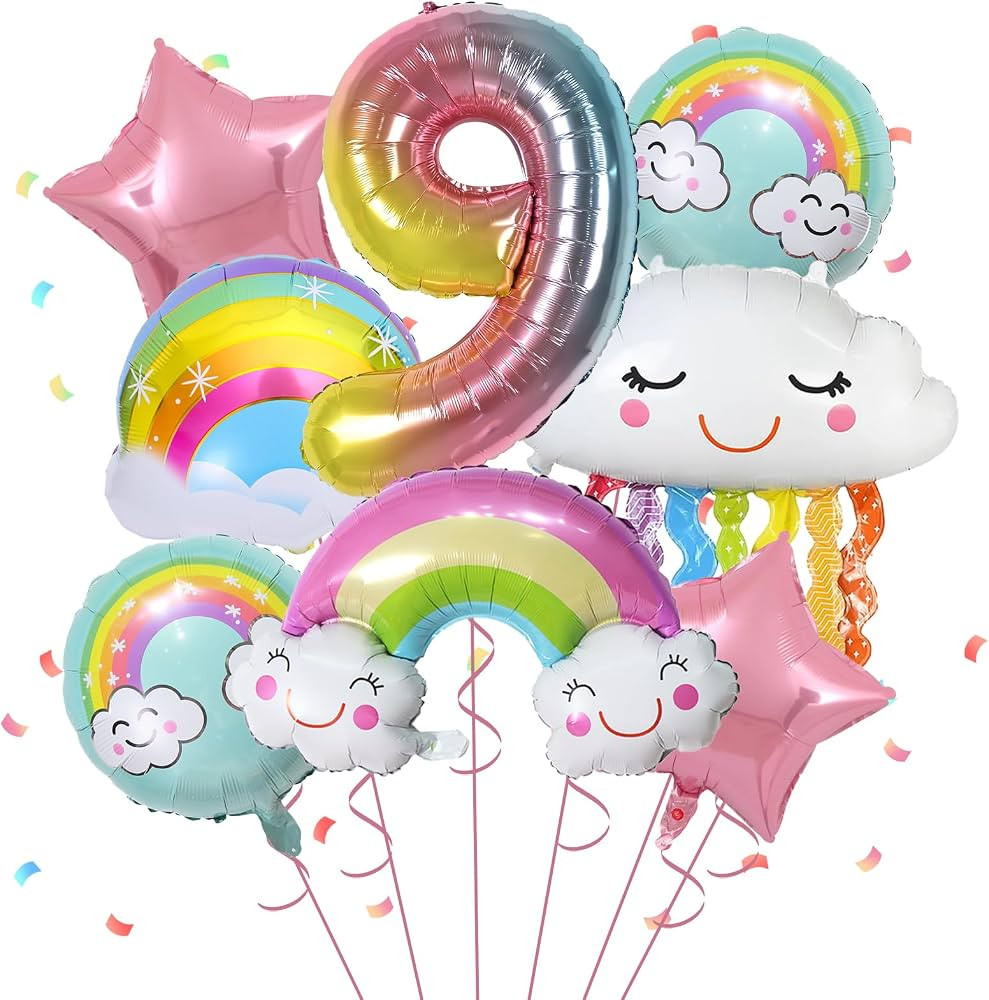 9th Birthday Decorations Girl,8 Pcs 9 Balloons Birthday Foil Balloons with Rainbow Pink Star Past... | Amazon (US)